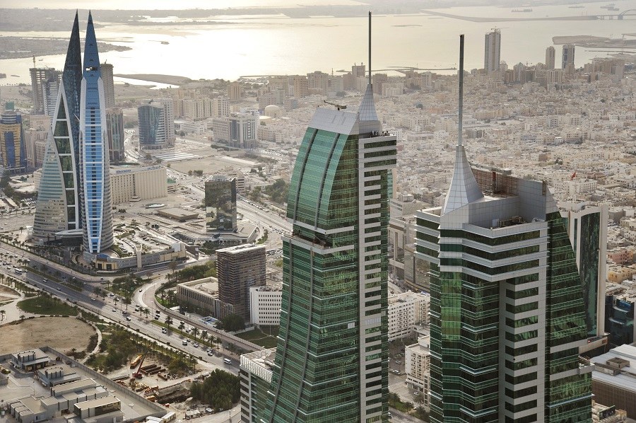 Aerial view of the Bahrain Financial Harbour towers, home of Bahrain Bourse, with the Manama skyline
