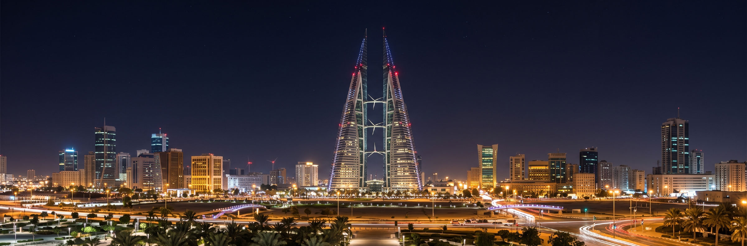Bahrain skyline at night, with the Bahrain World Trade Center